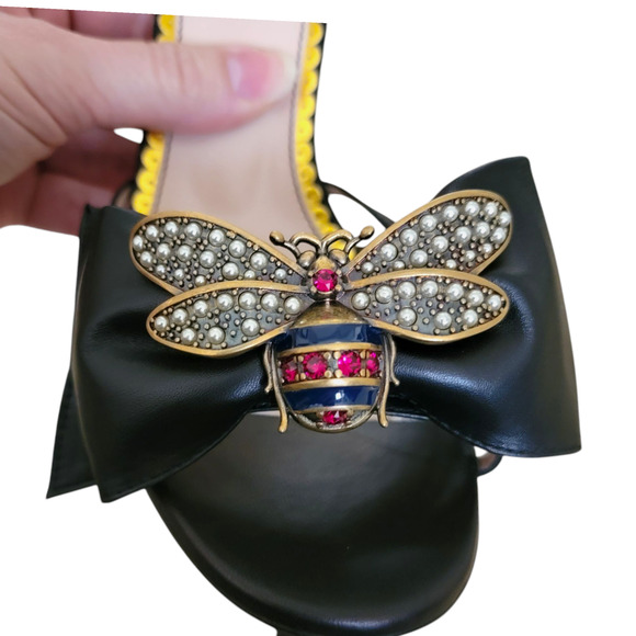 Gucci Bee Queen Margaret High Heels Sandals Bow Black Leather 8 38 New - Picture 3 of 12